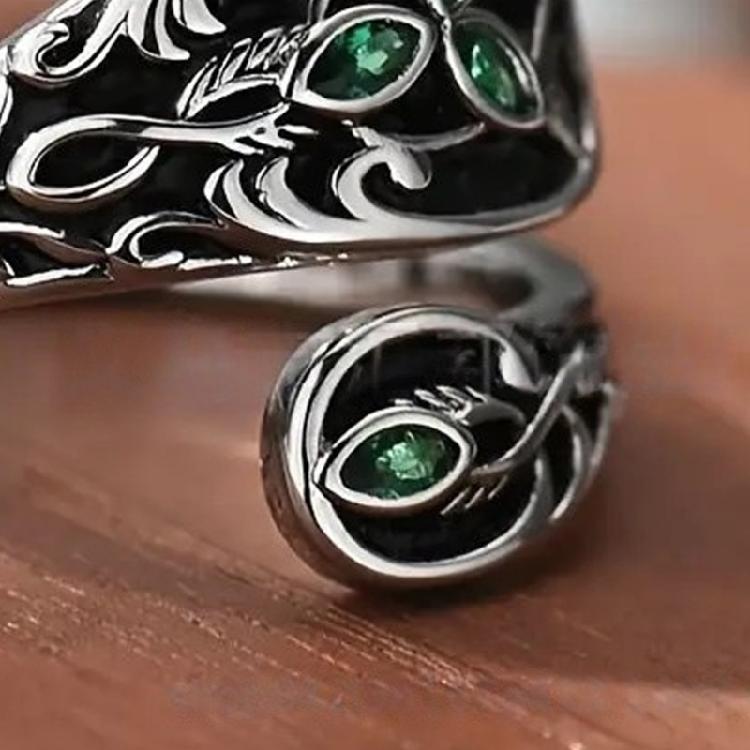 Elegant Adjustable Green Marble Leaf Ring Vintage Spoon Designs Jewelry Alloy Bohemian Thumb Ring For Women Gift