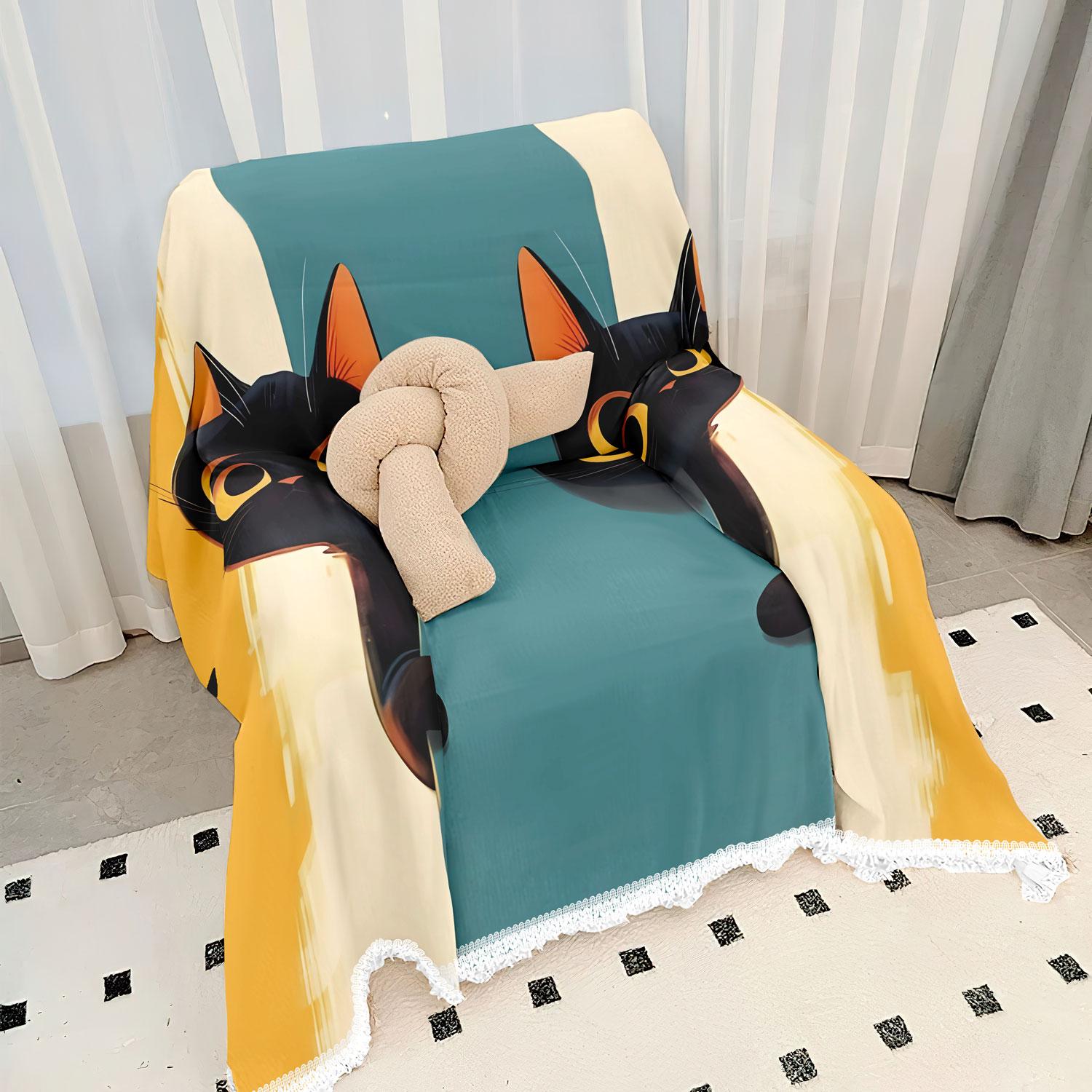 

1/2/3/4seater Blue and yellow patchwork design, black cat print sofa cover, tassel design, washable sofa cover