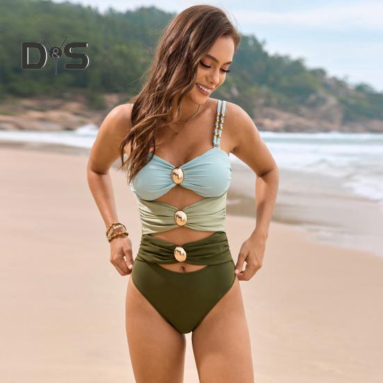 Women Monokini Sling Hollow Design One-piece Swimsuit with Metal Buckles Patchwork Color Sexy Beachwear