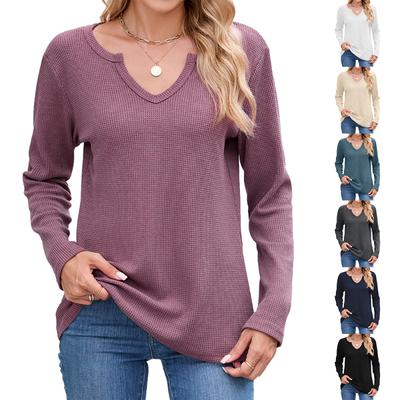 2025 Autumn and Winter New Waffle Solid Color V-neck Loose Long-sleeved T-shirt Top for Women