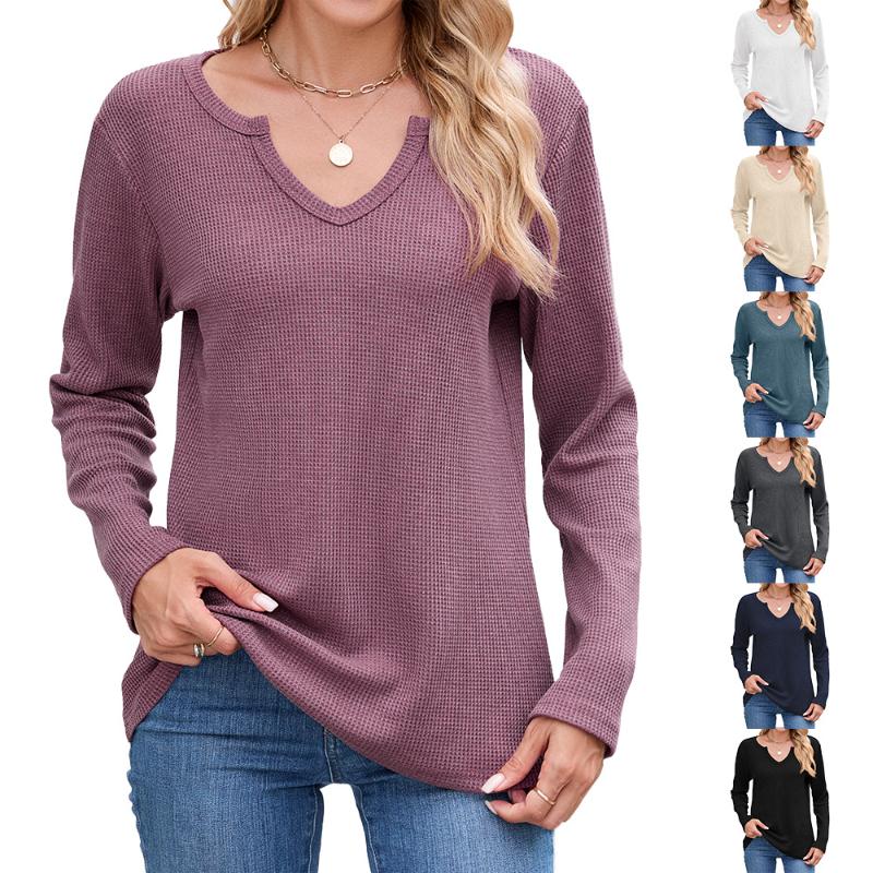 

Новая вафельная однотонная футболка с V-образным вырезом и длинными рукавами свободного кроя для женщин, осень-зима 2025 S красный