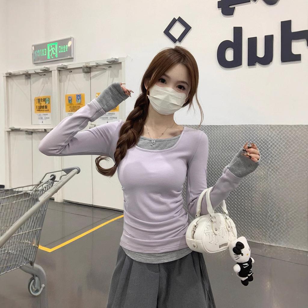 Design sense contrasting color fake two long-sleeved crew neck T-shirt women's spring and autumn Korean niche chic slim-fitting inner top