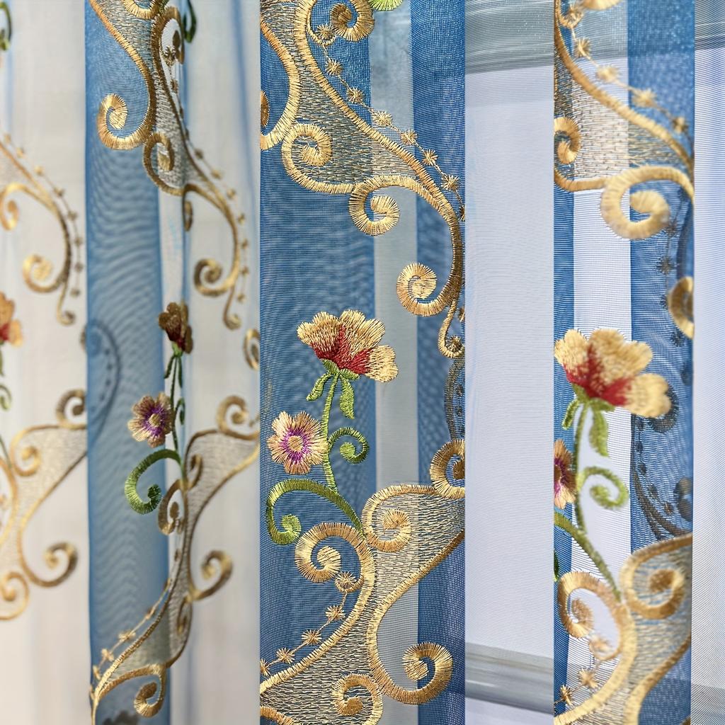1-Panel Luxury Blue Embroidered Sheer Curtain - Light Filtering, Vintage Flower Pattern, Lace Voile Draperies for Living Room, Bedroom, Dining Room