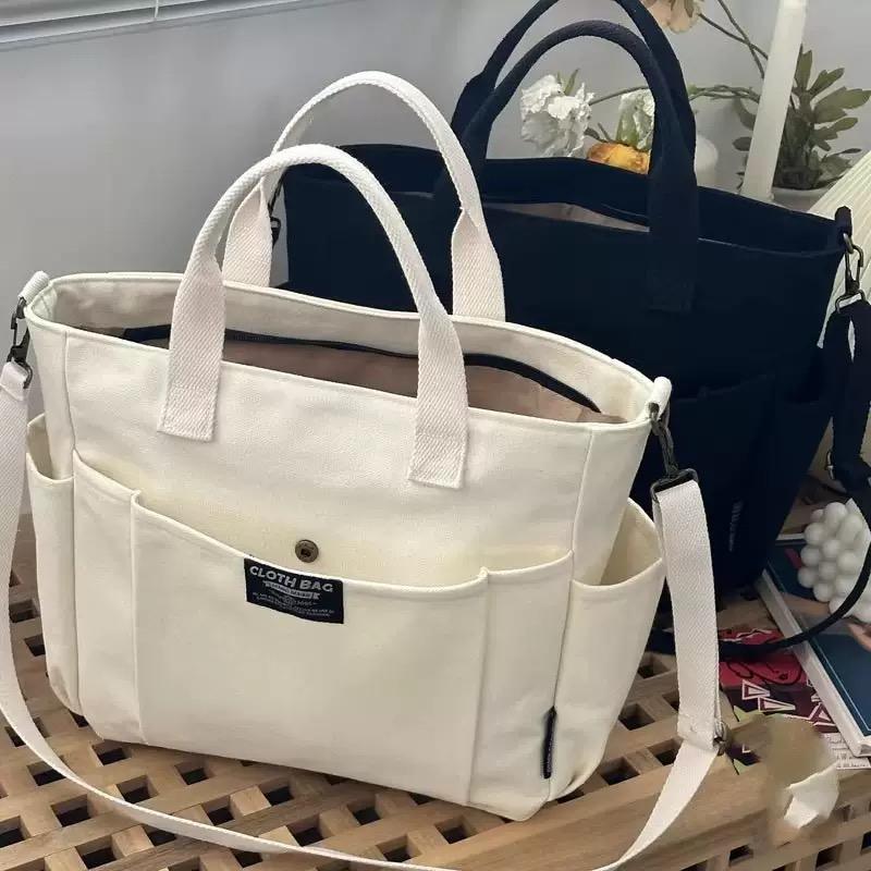 Urban Minimalist Female Student Large Capacity Commuting Horizontal Canvas Single Shoulder Diagonal Cross Portable Tote Bag