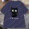 New Womens Cute Cat Pattern Graphic Short Sleeve TShirt Round Neck Casual Tshirt Tops Cool Im Fine Printed Female Tees Tops
