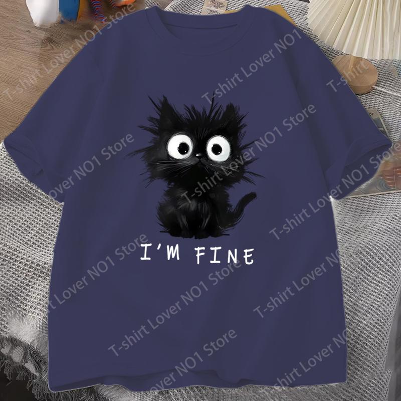 New Womens Cute Cat Pattern Graphic Short Sleeve TShirt Round Neck Casual Tshirt Tops Cool Im Fine Printed Female Tees Tops