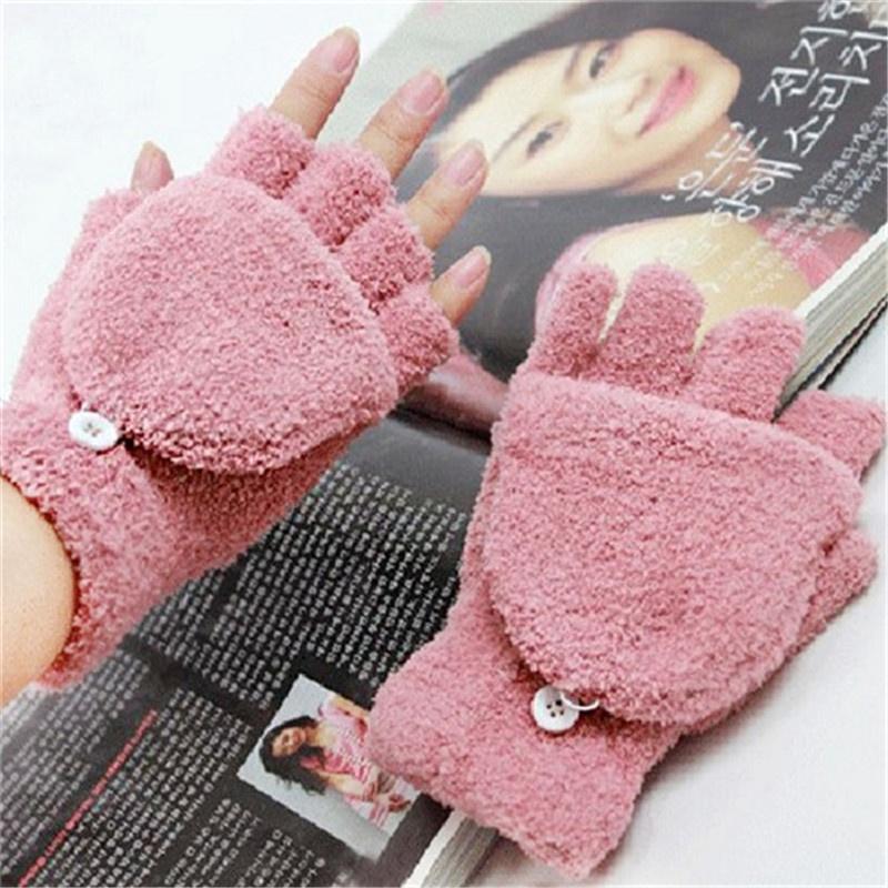 Girls Coral Velvet Flip Cover Half Finger Winter Hand Warmer Mittens Clamshell Gloves Flip Half
