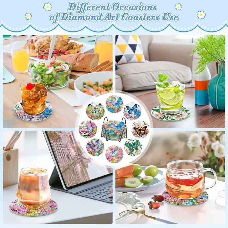 8 Pieces/set of Diamond Butterfly Patterned Coasters, DIY Coasters with Holder, Suitable for Beginners and Adults, Art and Craft Supplies Gifts