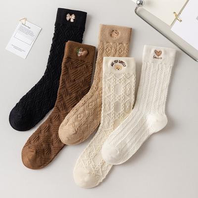 Socks for Girls, Spring and Autumn Academy, Mid-calf Socks, Cartoon Bear Embroidery, Three-dimensional Jacquard High Calf Cotton Socks