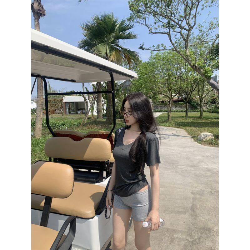 Niche Style V-neck Shoulder Silm Short Sleeve Waist-Controlled Gray T-Shirt