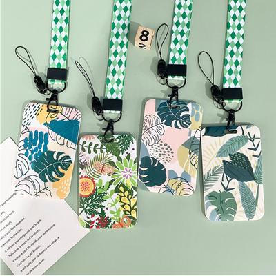 Green Plant Pattern Business ID Name Card Badge Holder Case Bags Credit Card Covers with Lanyard String Student Bus Card Sleeve