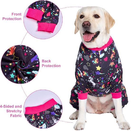 LovinPet Large Dog Pajamas Pitbull PJS: Wound Care/Post Surgery Dog Clothes, Onesies for Dogs, Unicorn Rainbows Black Print, Lightweight Stretchy