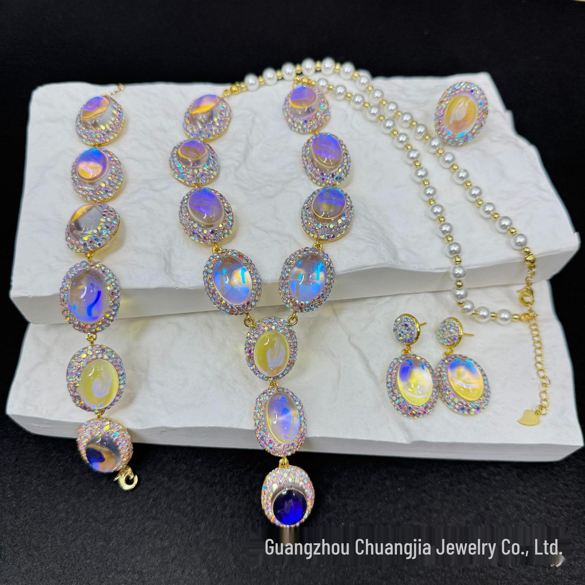 

Vibrant Vintage Jewelry Set with Hand-Set Czech Diamonds Inlaid Diamonds