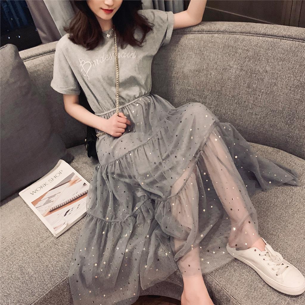 Fake Two-piece Dress Female Summer New Temperament Fairy Skirt Sequined Medium and Long Mesh Skirt Women's Clothing
