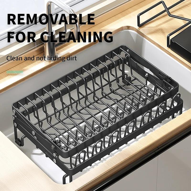 2-Tier Foldable Dish Storage Rack with Drip Tray, Countertop Kitchen Organizer, Easy to Install Plate & Bowl Drying Shelf