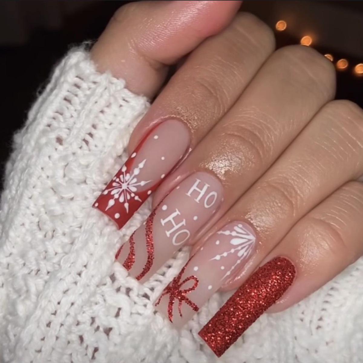 Christmas Glitter Pink & White Stripe Snowflake Wearable False Nails Glue Version