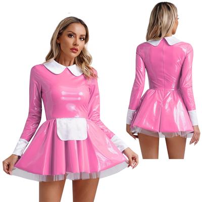 Womens Sweet Maid Cosplay Patent Leather Long Sleeve A Line Dress Satin Apron Tulle Underskirt Clubwear