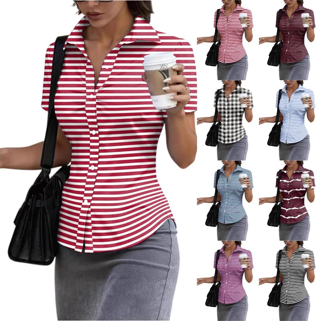 Women Short Sleeve Collared Shirt Slim Fit Button Down Casual Office Workwear Blouse Stretch Fabric Summer Top