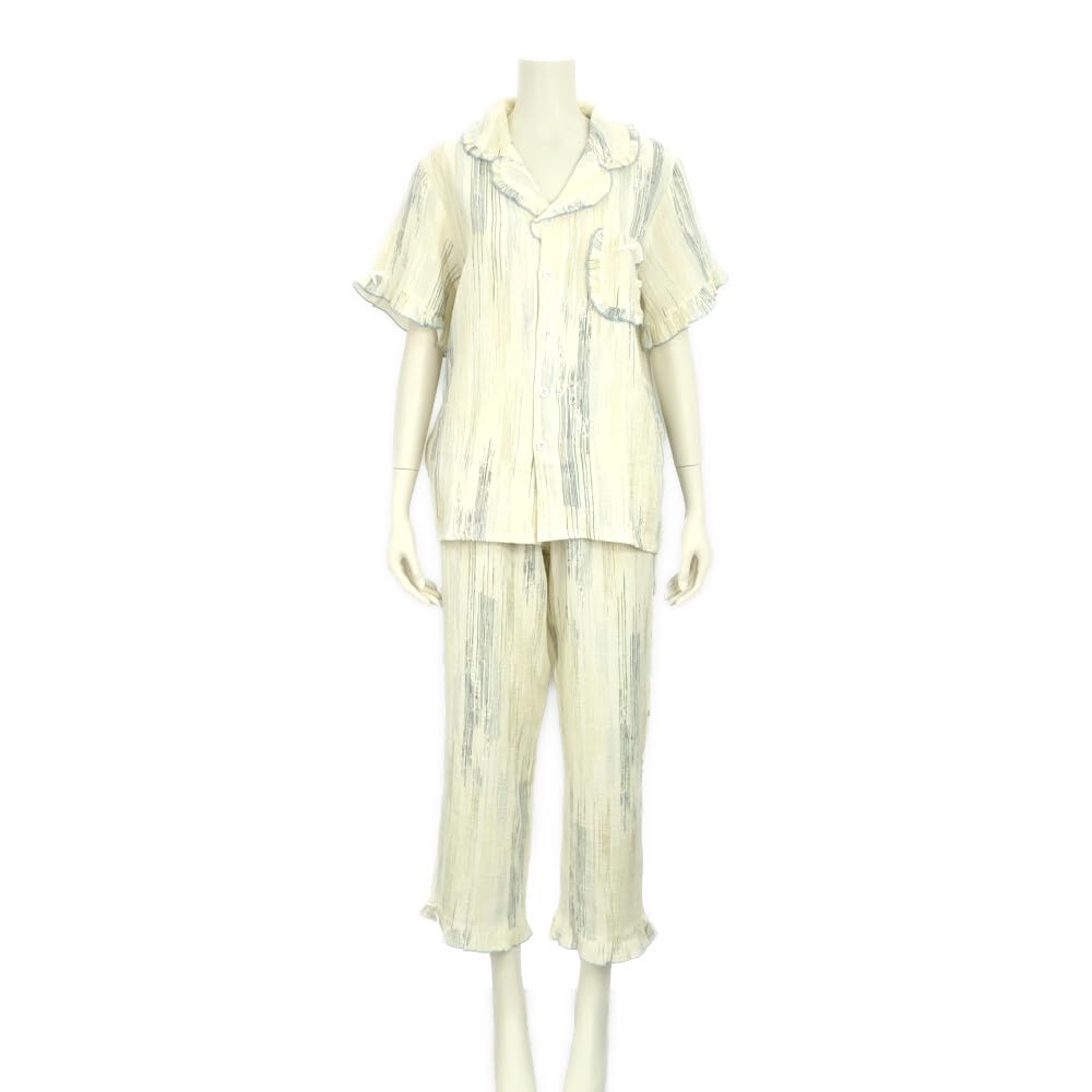 RAVIR Cotton Double Gauze Short Sleeves and Pants Breathable and with Feminine Ivory and Size Small Women's 100% Pajamas, Set, Moisture-Wicking,