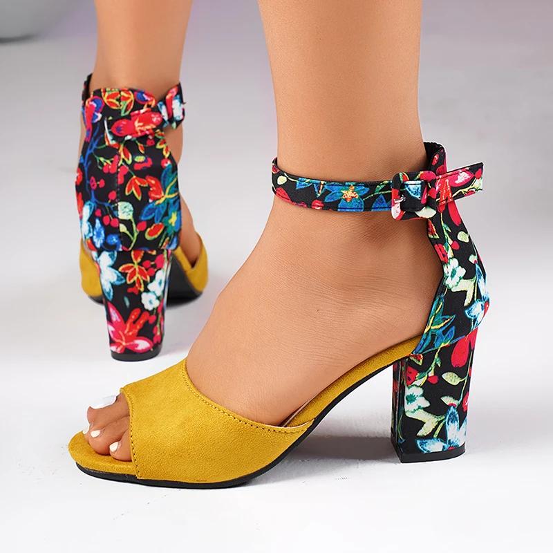 Fashion High Heel Sandals Plus Size Mix Color Peep Toe Shoes Women Vintage Summer Cover Heel Sandal Ladies Fashion Thick Sole Sandals