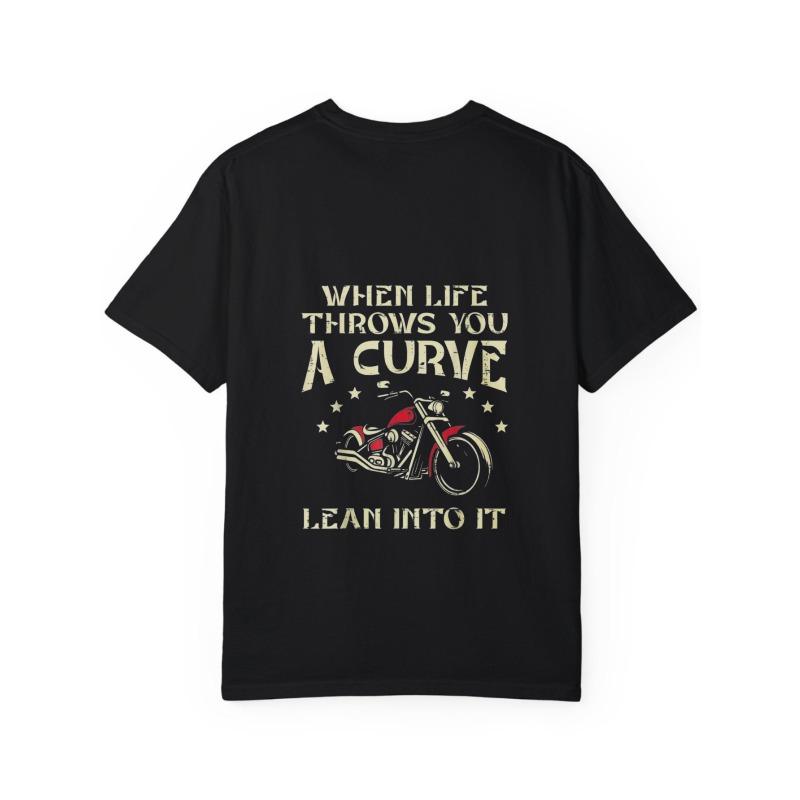 White T-Shirt with Motorcycle and Motivational Quote When Life Throws You A Curve Lean Into It for Casual Wear