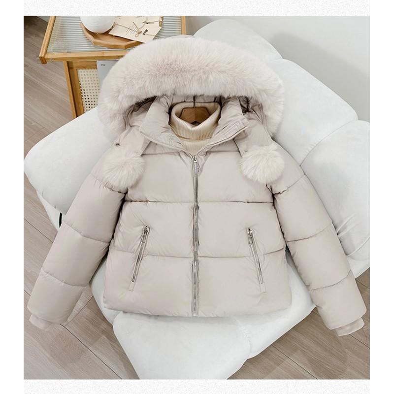 Womens Short Puffer Coat With Faux Fur Collar Hooded Winter Jacket Thick Warm Cotton Fill Korean Style