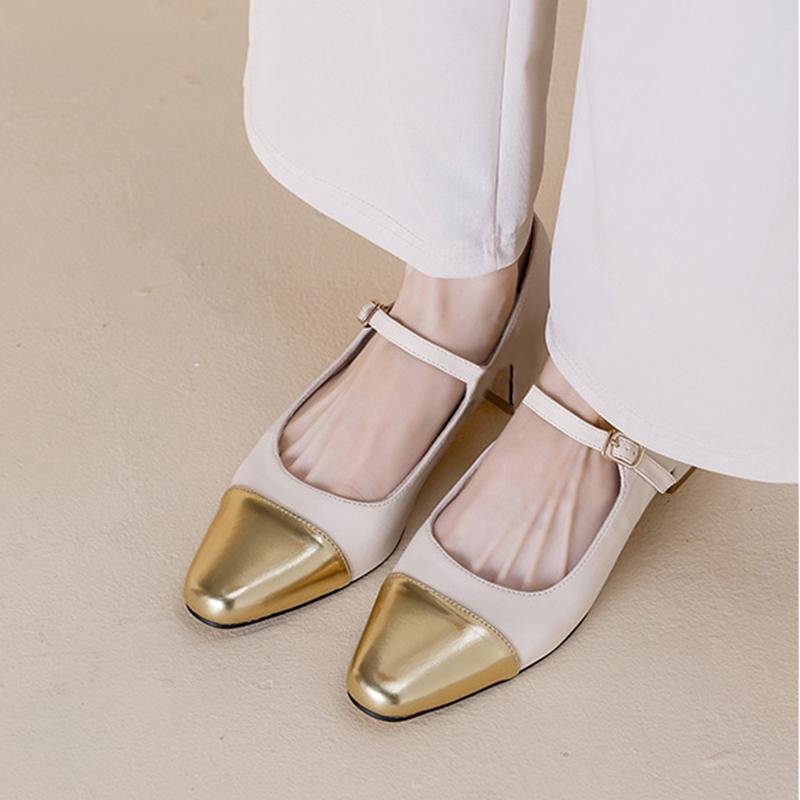 Mode eckige Zehenpartie Goldleder Patchwork mittelhohe Absätze Schuhe Frau dicker Absatz Knöchelriemen Pumps bequem Mary Janes Schuhe für Frau
