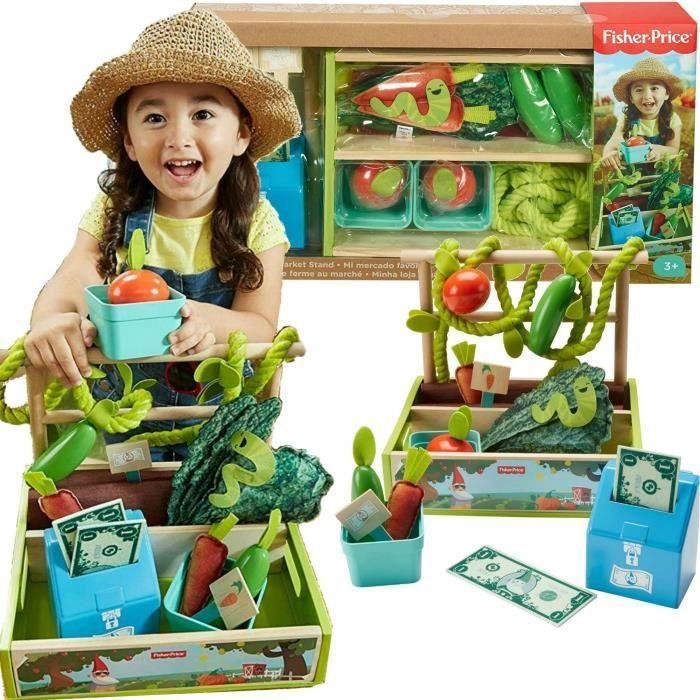 Stand de légumes au marché, étale de marché Jouet d'imitation marchande avec la casse en bois fruit et légumes Fisher Price