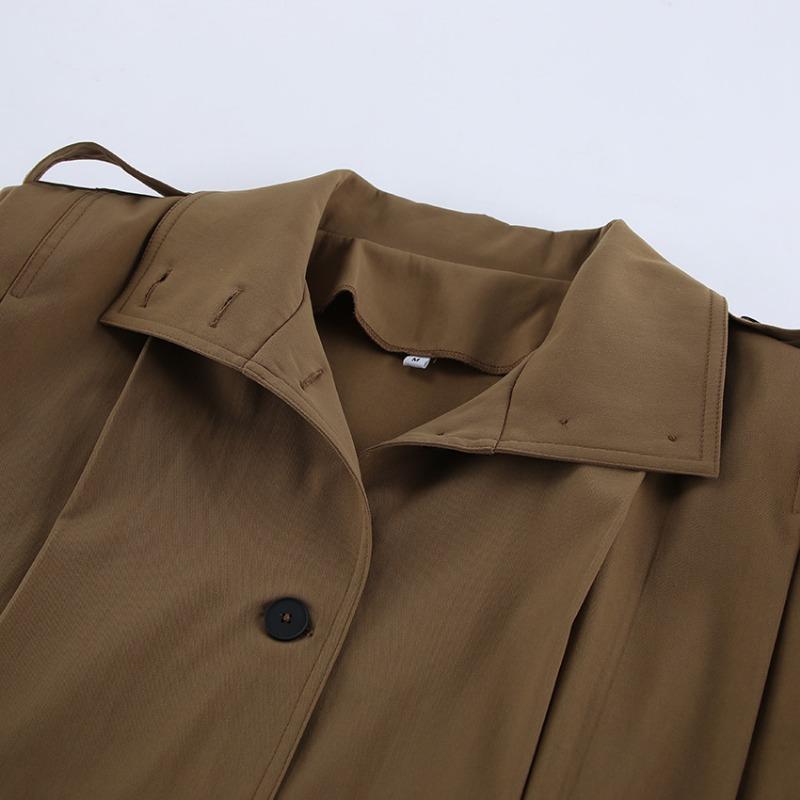Women Pleated Lapel Pilot Jacket Loose Long Sleeve Casual Khaki Coat