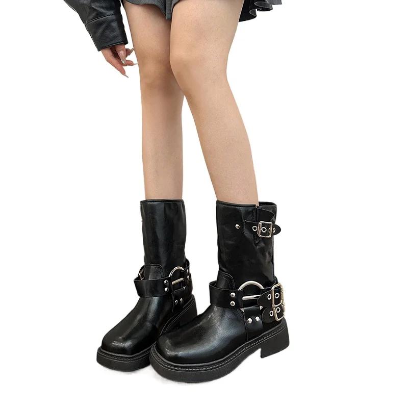 Fashion 2025 Ladies Shoes Slip-on Women's Boots Fashion Metal Decoration Modern Boots Women New Versatile Retro Rome Mid-Calf Boots