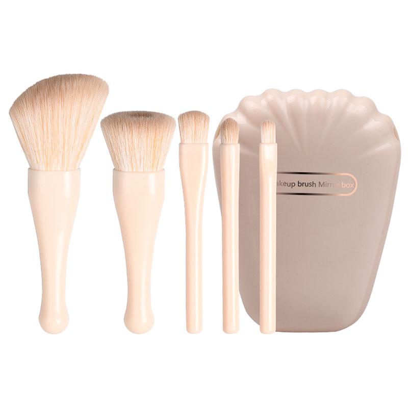 Seashell Portable Makeup Brush Set with Mirror - 5-Piece Eyeshadow & Foundation Tools