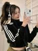 Women's Slim-Fit American Retro Three-Stripe Long-Sleeve Sporty Zip-Up Jacket with Stand-Up Collar