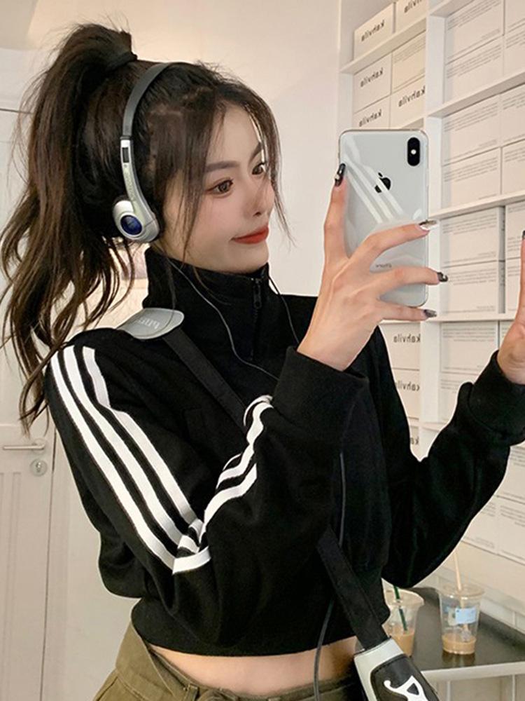 Women's Slim-Fit American Retro Three-Stripe Long-Sleeve Sporty Zip-Up Jacket with Stand-Up Collar