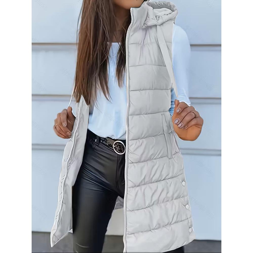 Autumn Winter Solid Color Hooded Zip Cotton Vest Women Mid-Length Plus Size Padded Gilet Coat