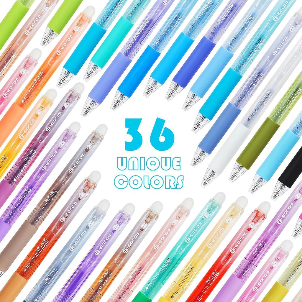 36pcs Colored Erasable Gel Pens, Fine Point 0.7mm, Retractable Assorted Colors Pen with Eraser, Writing Erasable Pens for Drawing Crossword Puzzles