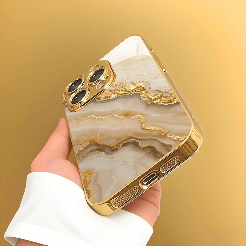 Gold Marble Stone Pattern Metallic Paint Glass Phone Case For iPhone 17 16 15 14 13 12 11 Pro Max 14 15 Plus 17 Air 16E Cover