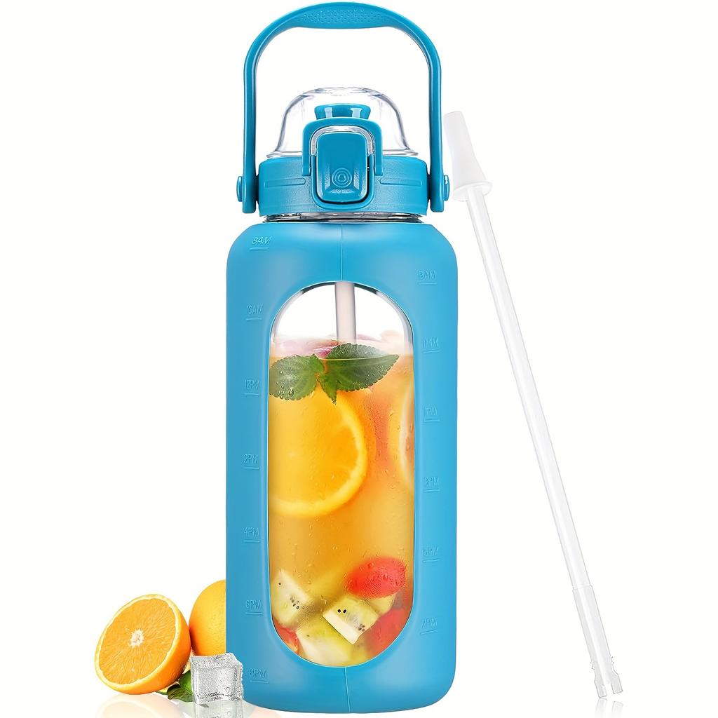 64oz Skleněné láhve na vodu se slámkou a víčkem Půlgalonová láhev na vodu s časovým značením Nepropustné skleněné láhve na vodu se silikonovým pouzdrem