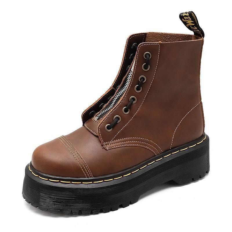 Men's Boots Women's British Boots, Thick Bottom Hole Locomotive Boots Front Zipper Crazy Horse Brown Couple Short Boots Muffin