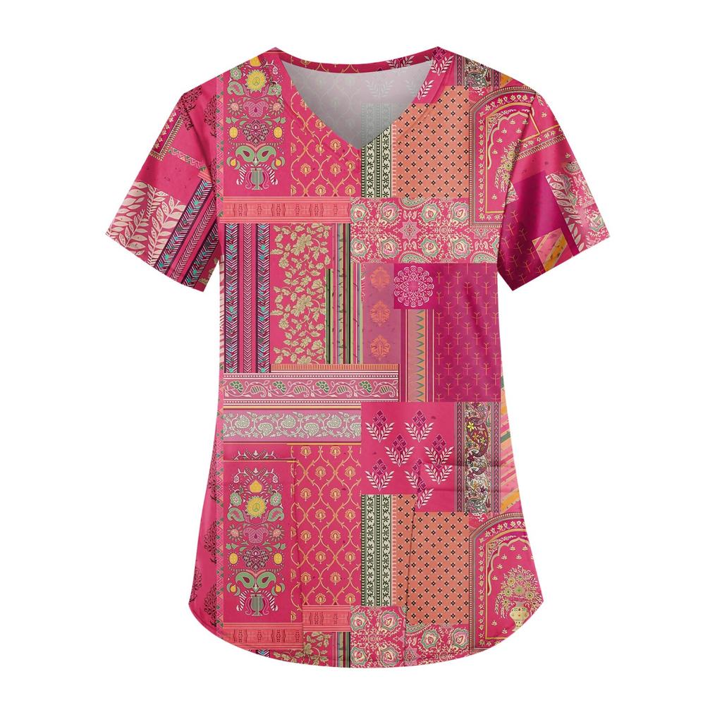 Plus Size Printed Scrub Working Uniform Tops For Women's V-Neck Short Sleeve Fun T-Shirts Workwear Tee With Pockets
