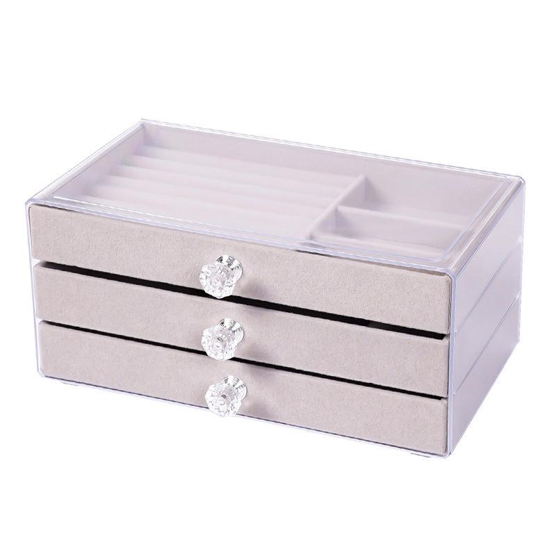 

Акриловый бархатный органайзер для украшений с 3 ящиками, штабелируемый дисплей для хранения, коробка-держатель для серег, ожерелий, браслетов для женщин серый