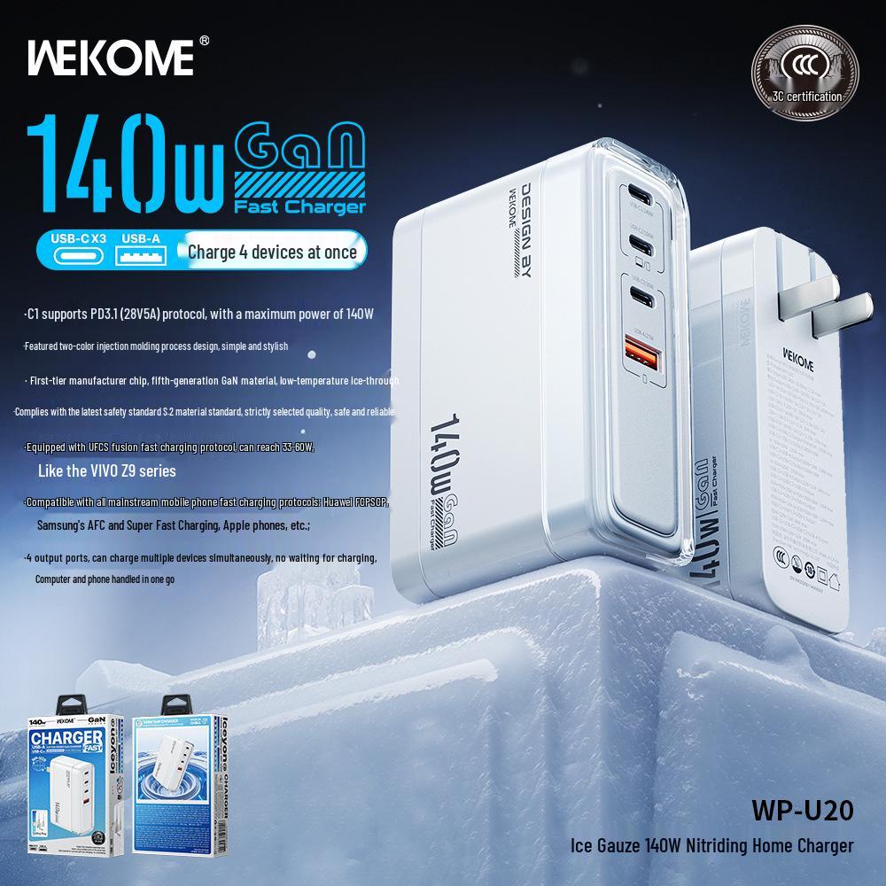 Wekome 140W Ice Silk Gallium Nitride Low-Temperature Multi-Protocol Fast Charger for Mobile Phones and Laptops.