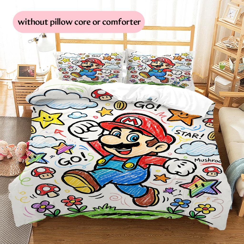 Mario Crayon Drawing Style Duvet Cover & Pillowcases, Mario Fan Hand-drawn Bedding, Great Gift.chl