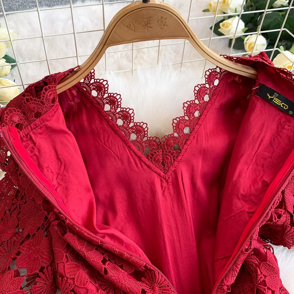 Summer Formal Evening Dress Women Hollow Out Crochet Lace Embroidery Party Long Dresses Female Short Sleeve Midi Dress