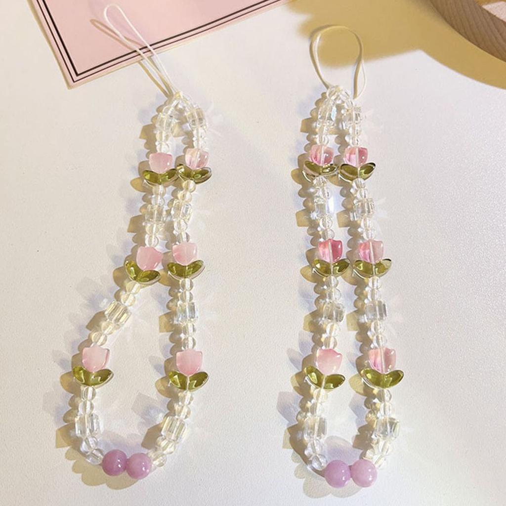 Upgrades Beaded Phone Chain Strap with Pearl & Flower Charms Wrist Keychain Wallent Pendant Comfortable for Women & Girl