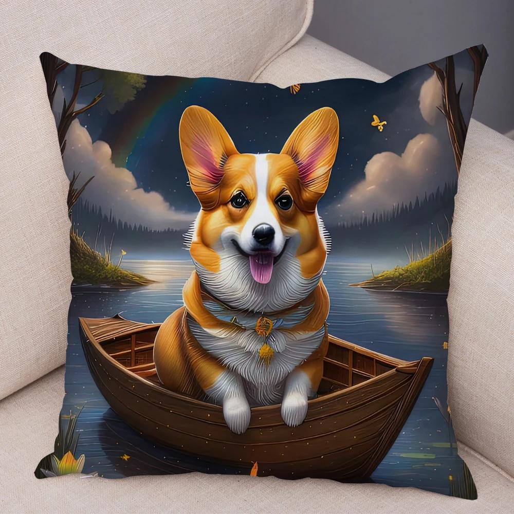 Moon Boat Butterfly Dog Corgi Cushion Cover Double Print Decor Pet Animal Pillowcase Soft Plush Pillow Case for Car Sofa Home