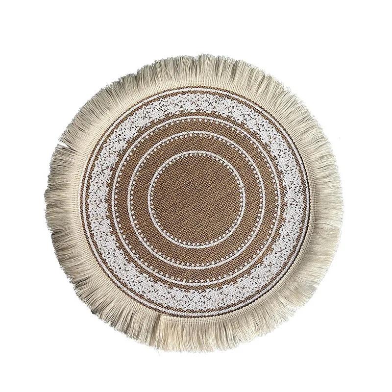 Boho Round Placemat 15 Inch,Farmhouse Woven Jute Fringe TableMats with Pompom Tassel Place Mat for Dining Room INS Table Decors
