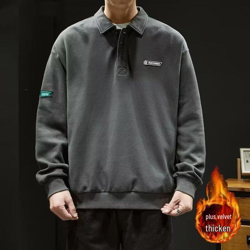 Men's White Chinese Cotton Polo Sweater: Long Sleeve, Velvet-Lined, Autumn/Winter.