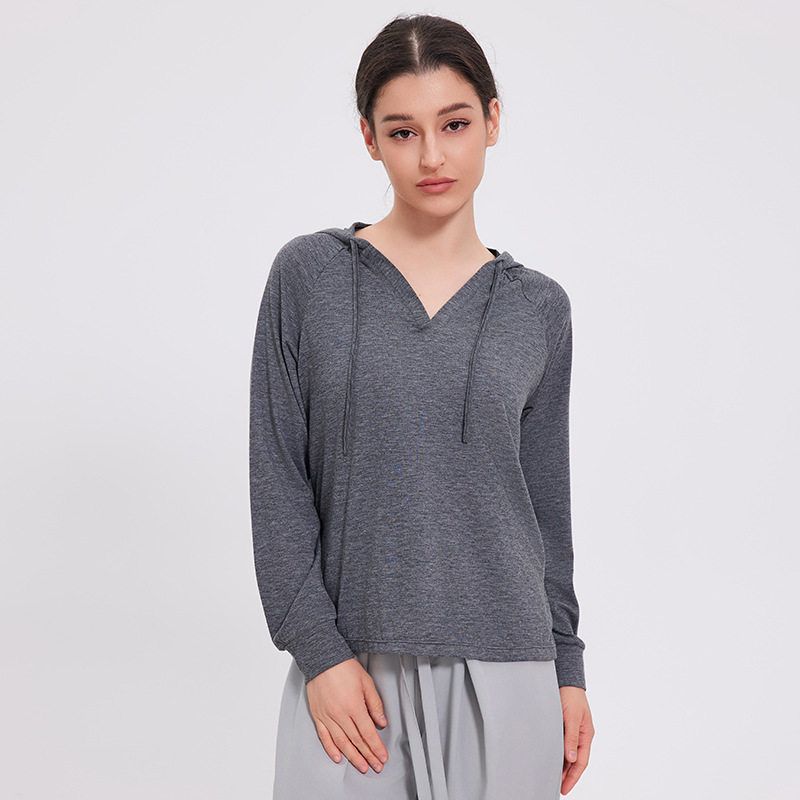 

Fall and Winter Hooded Pullover Women s Workout Long Sleeve Yoga Exercise Top European and American Style V-neck Drawstring Colored Cotton Loose Flower Black XL