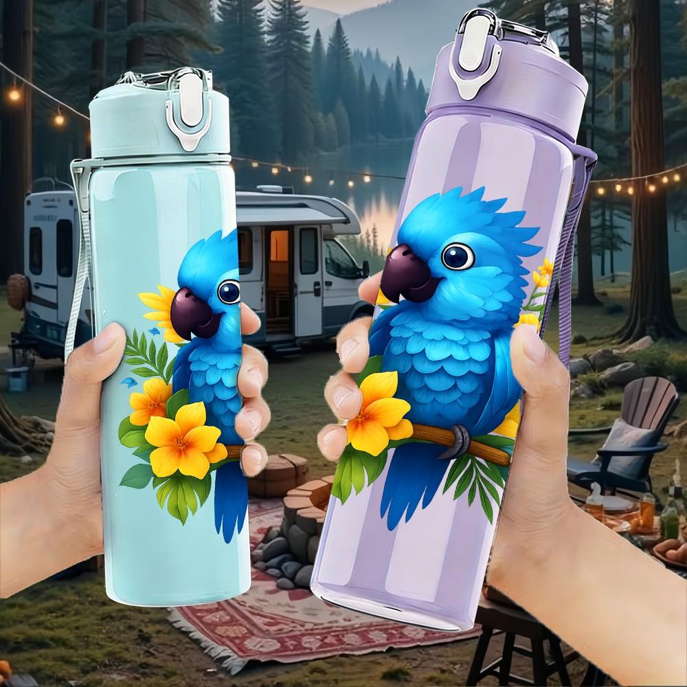 1PC Blue Parrot Flower 750ml Color Plastic Sports Water Bottle Leakproof Flip Straw Lid Suitable for Sports Office Home Use