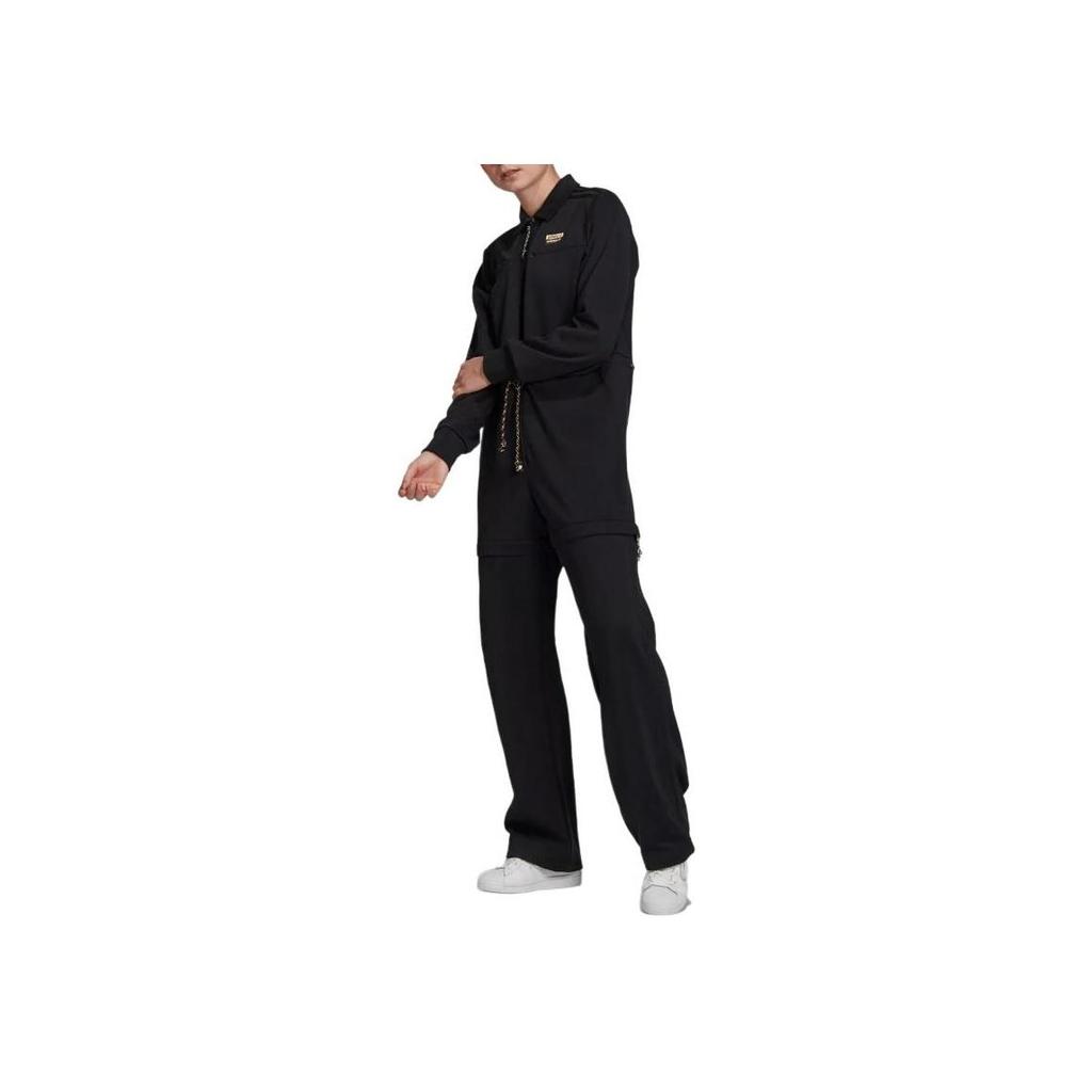 Adidas Originals Logo Polo Neck Long Sleeve High Waist Loose Wide Leg Jumpsuit Women Jumpsuit Black GN4228